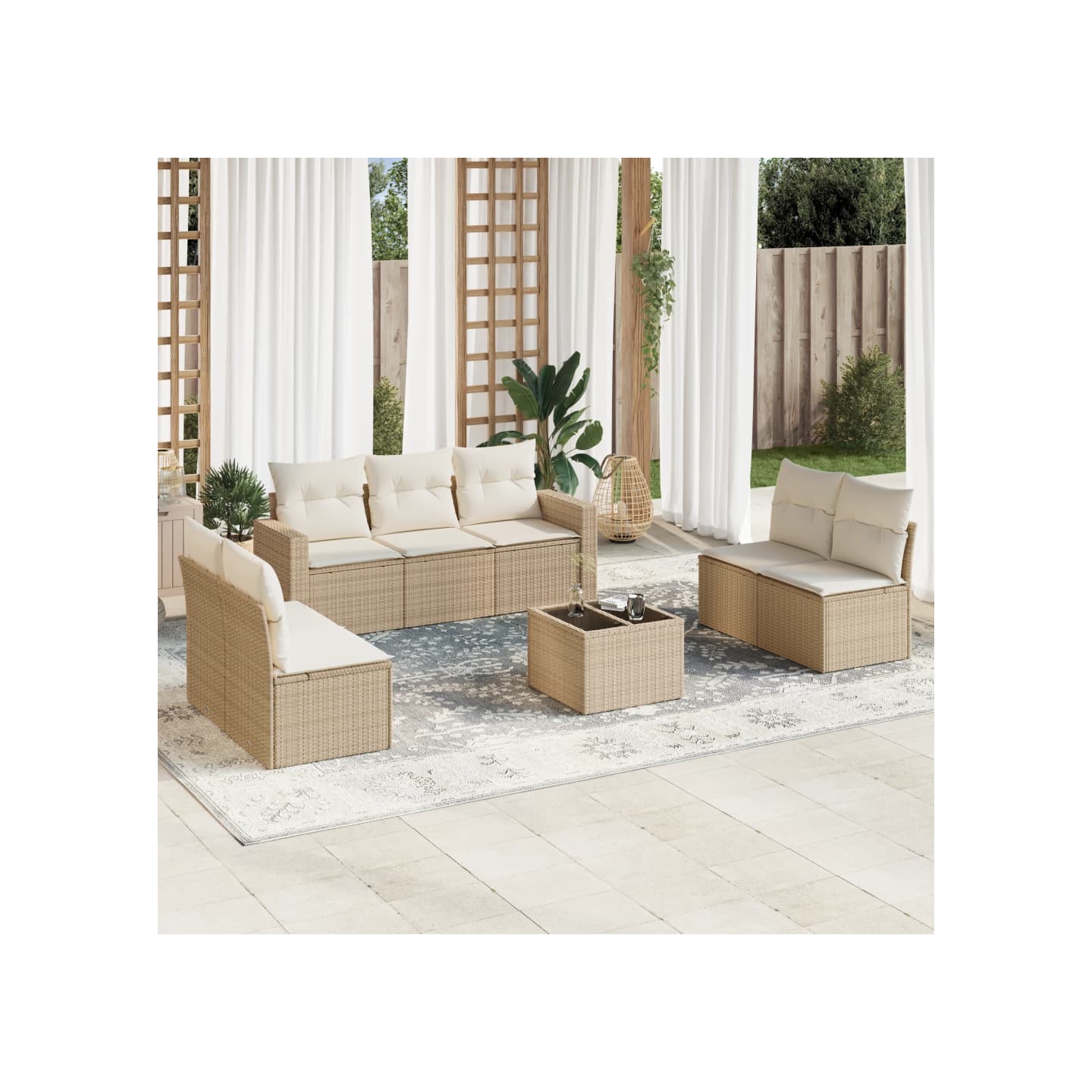 Salon de jardin avec coussins 8 pcs beige résine tressée