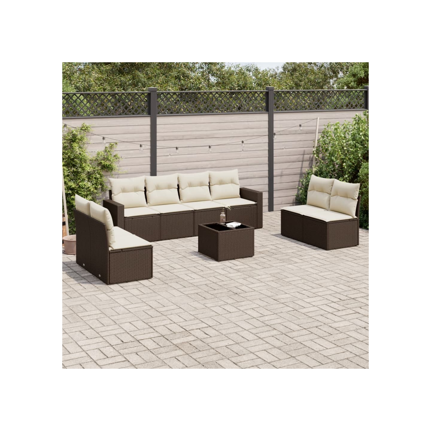 Salon de jardin avec coussins 9 pcs marron résine tressée