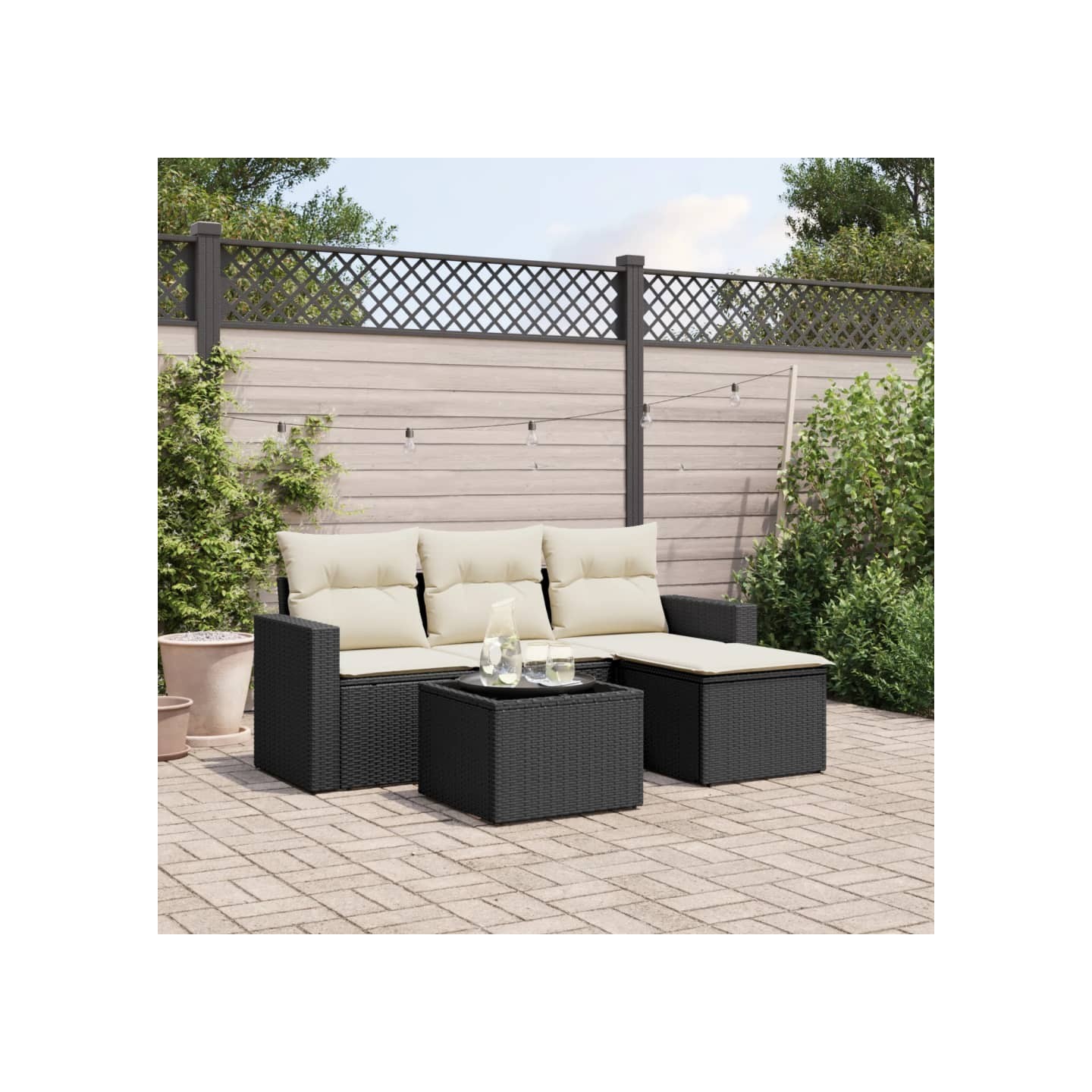 Salon de jardin 5 pcs avec coussins noir résine tressée