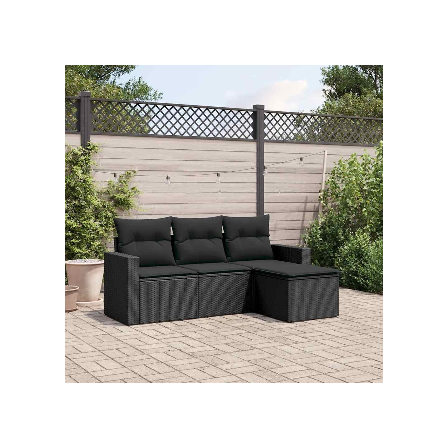 Salon de jardin 4 pcs avec coussins noir résine tressée
