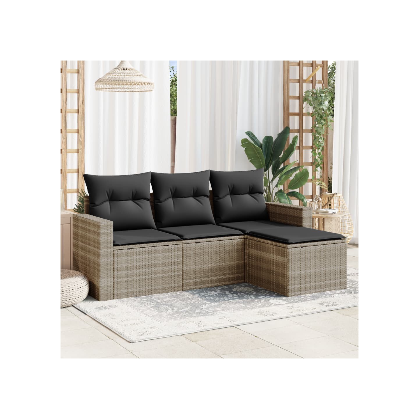 Salon de jardin 4 pcs avec coussins gris clair résine tressée
