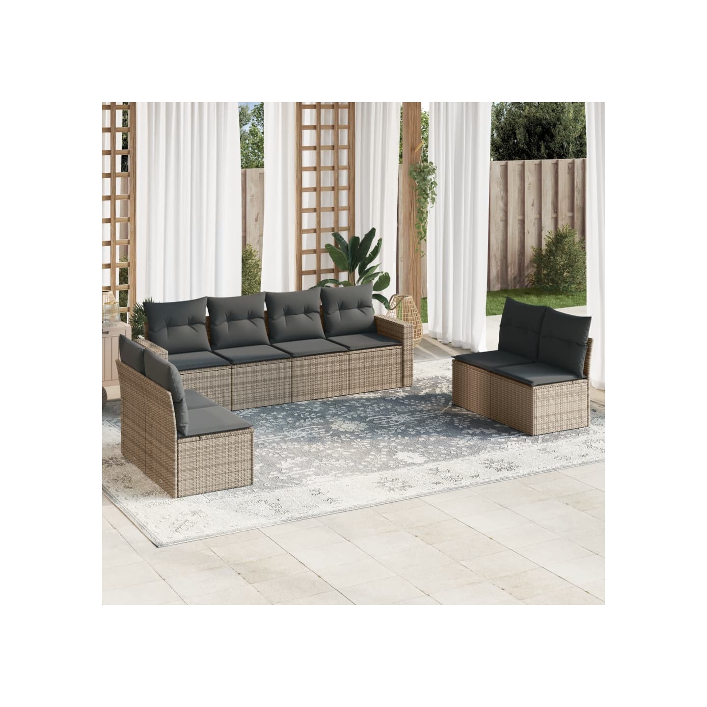Salon de jardin 9 pcs avec coussins gris résine tressée