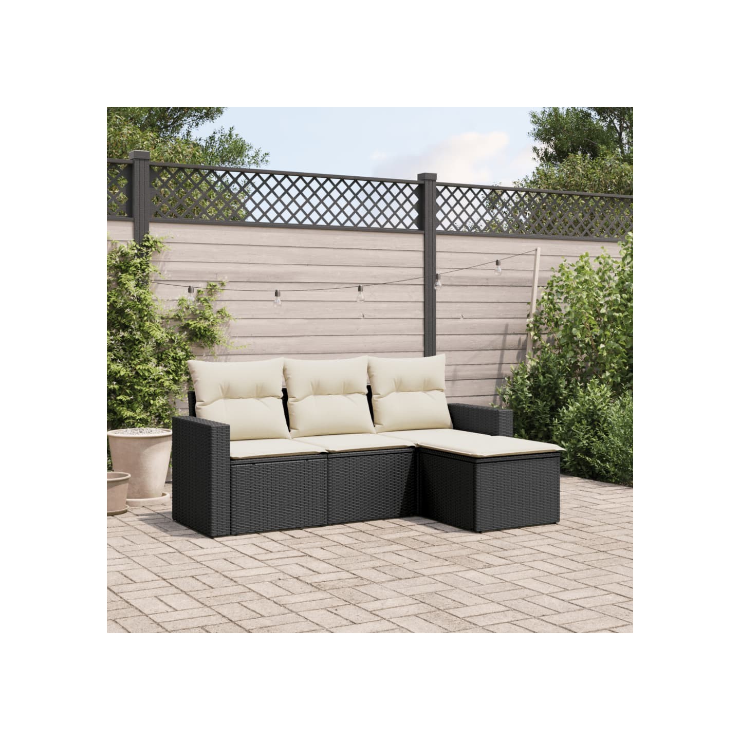 Salon de jardin 4 pcs avec coussins noir résine tressée