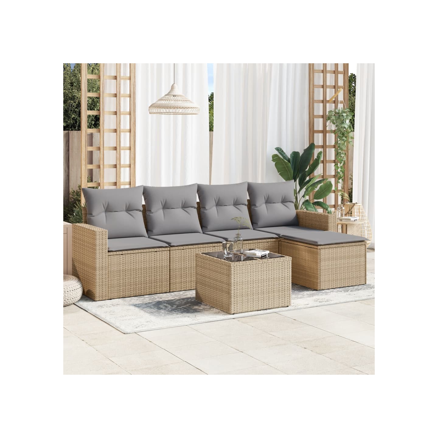 Salon de jardin avec coussins 6 pcs beige résine tressée