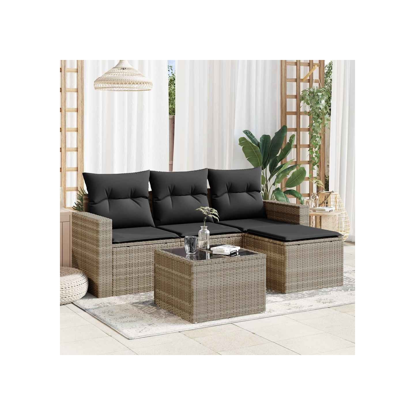 Salon de jardin 5 pcs avec coussins gris clair résine tressée