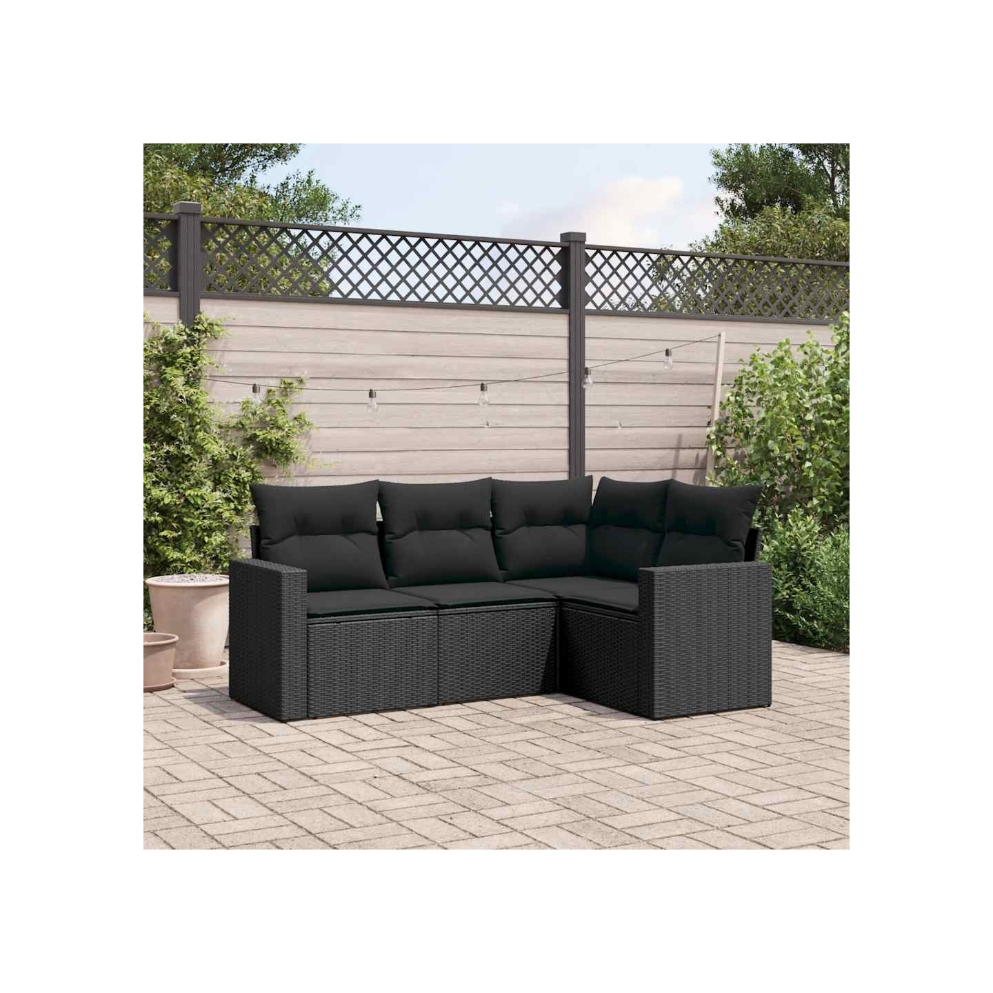 Salon de jardin 4 pcs avec coussins noir résine tressée