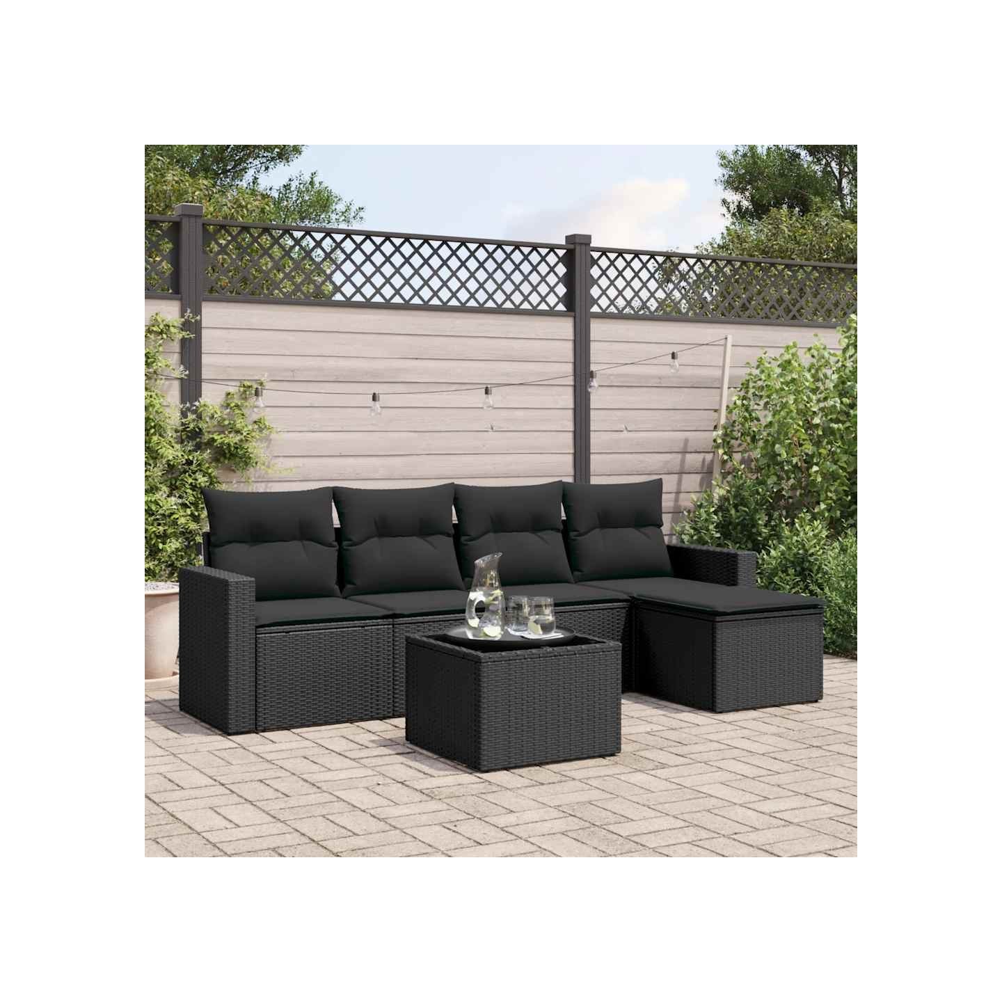 Salon de jardin 6 pcs avec coussins noir résine tressée