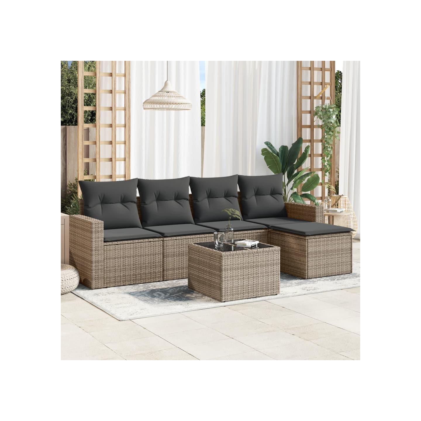 Salon de jardin 6 pcs avec coussins gris résine tressée
