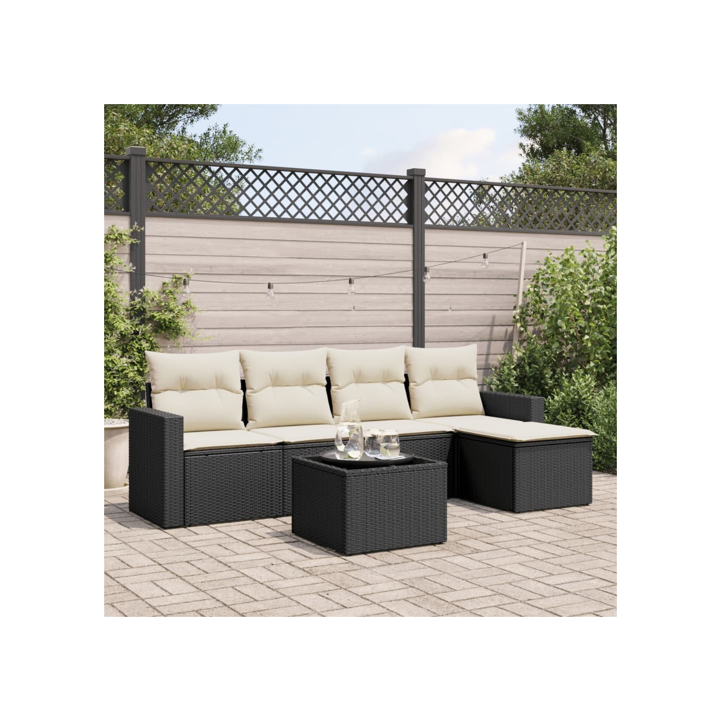 Salon de jardin 6 pcs avec coussins noir résine tressée