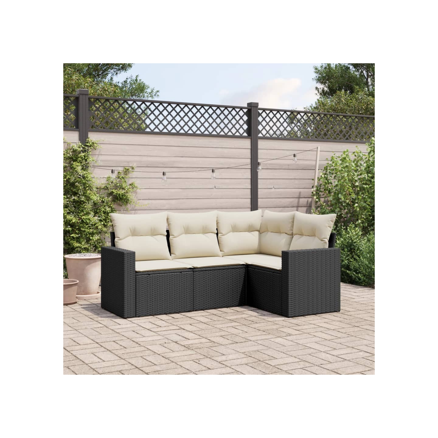 Salon de jardin 4 pcs avec coussins noir résine tressée