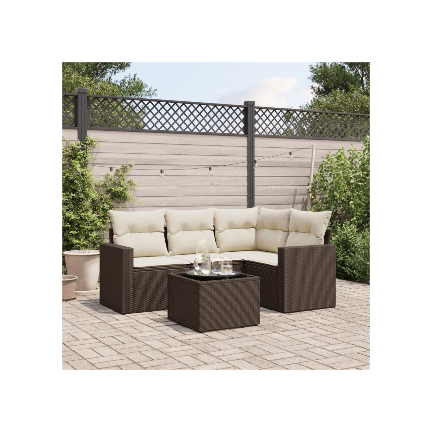 Salon de jardin avec coussins 5 pcs marron résine tressée