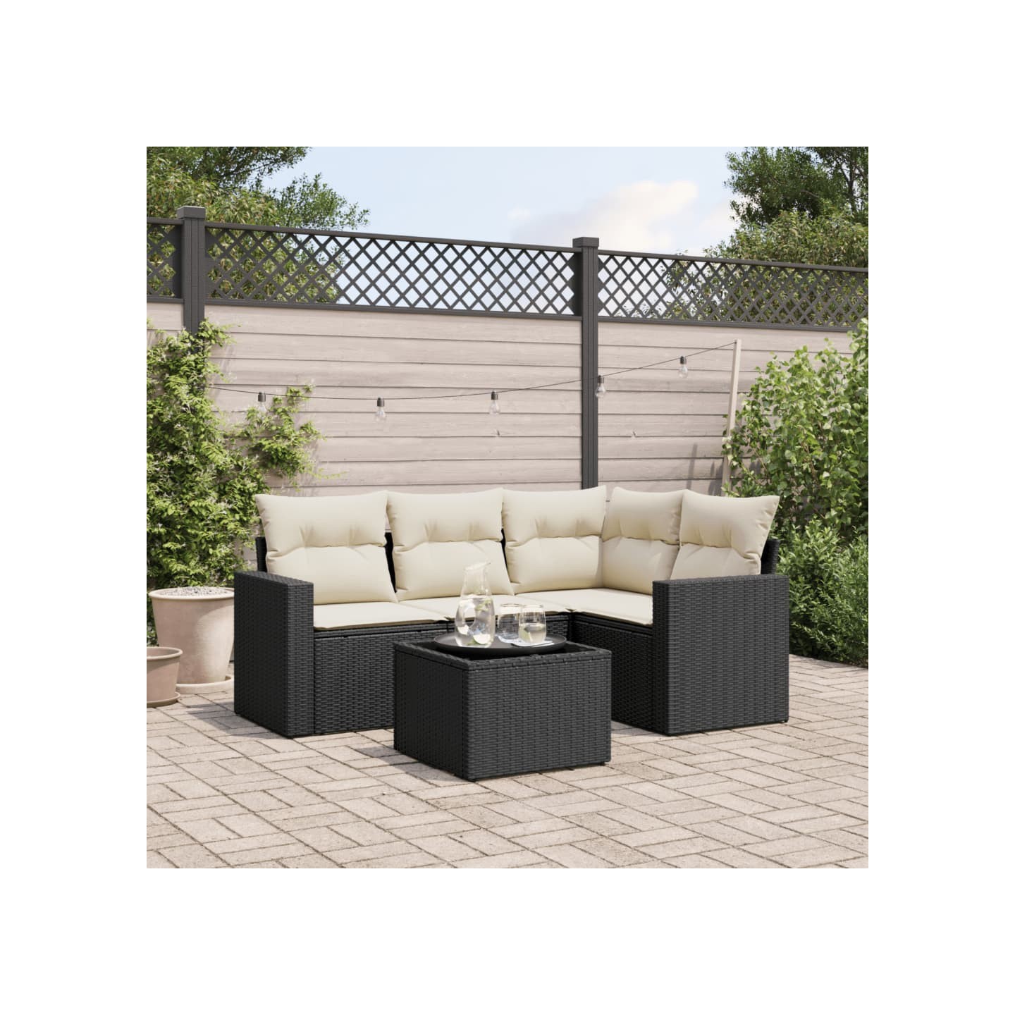 Salon de jardin 5 pcs avec coussins noir résine tressée