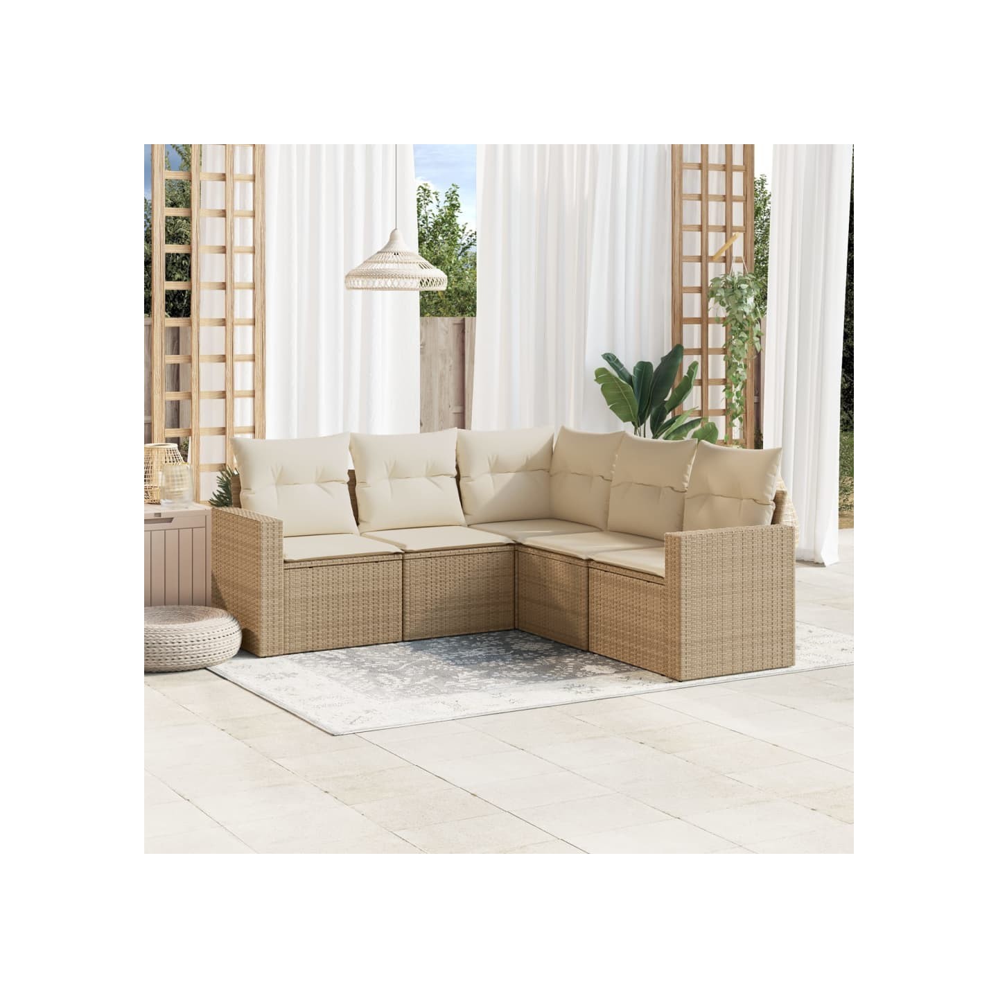 Salon de jardin avec coussins 5 pcs beige résine tressée