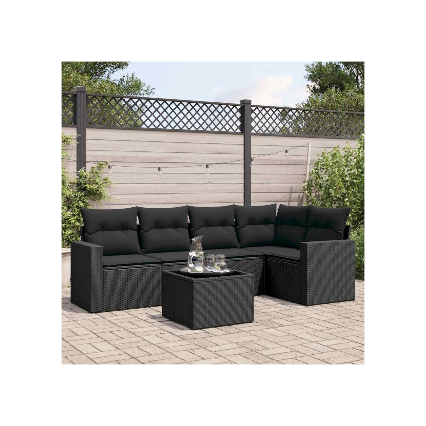 Salon de jardin 6 pcs avec coussins noir résine tressée
