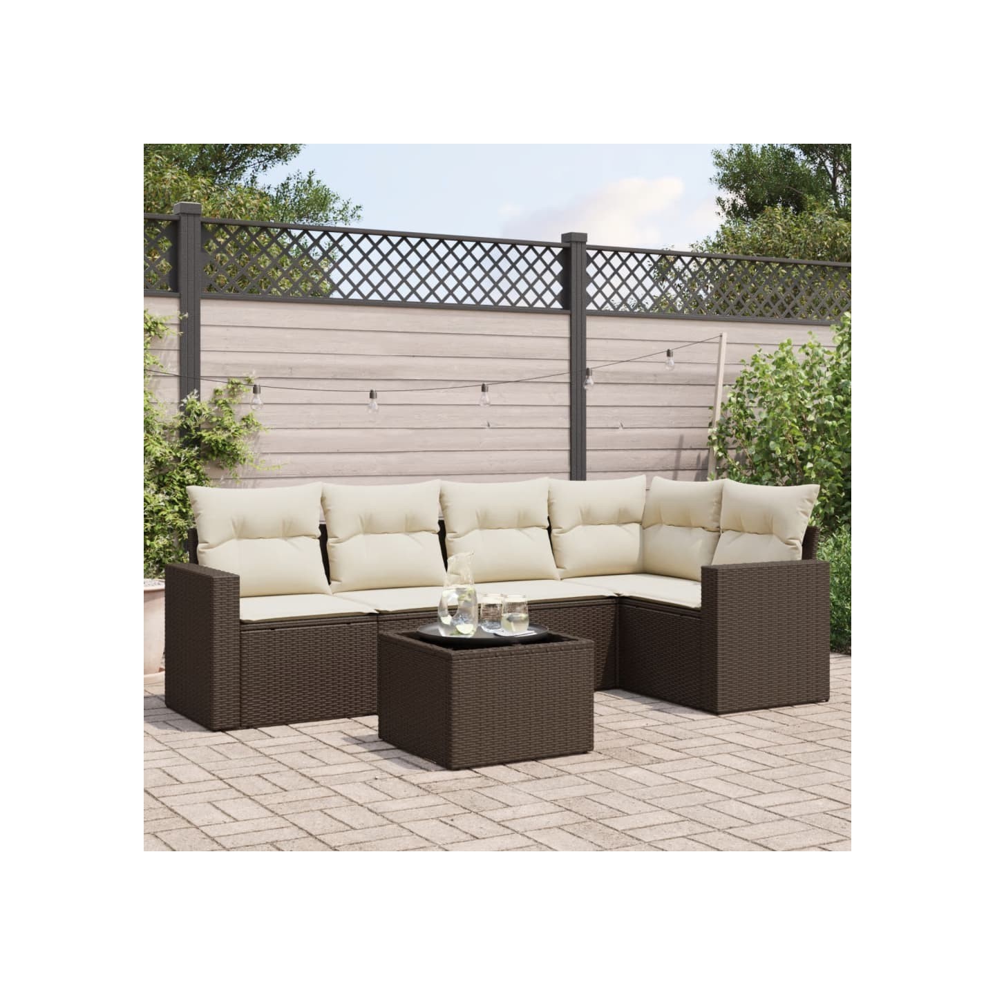 Salon de jardin avec coussins 6 pcs marron résine tressée