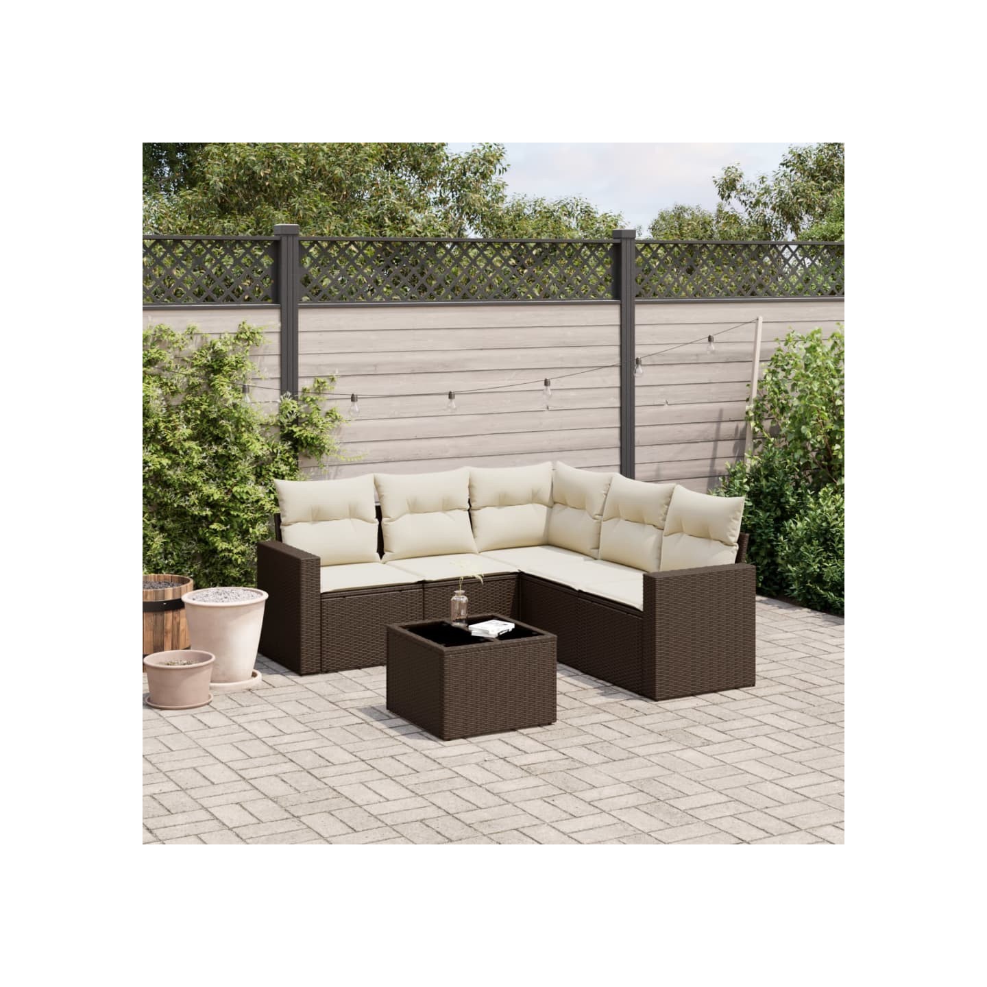 Salon de jardin avec coussins 6 pcs marron résine tressée