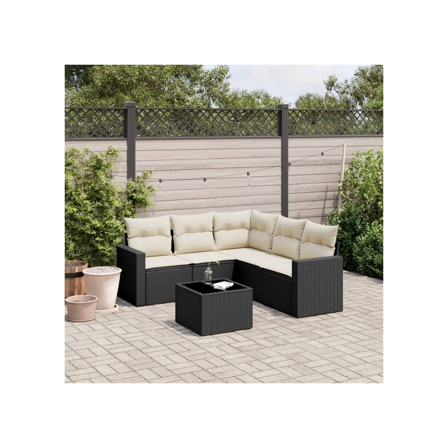 Salon de jardin 6 pcs avec coussins noir résine tressée