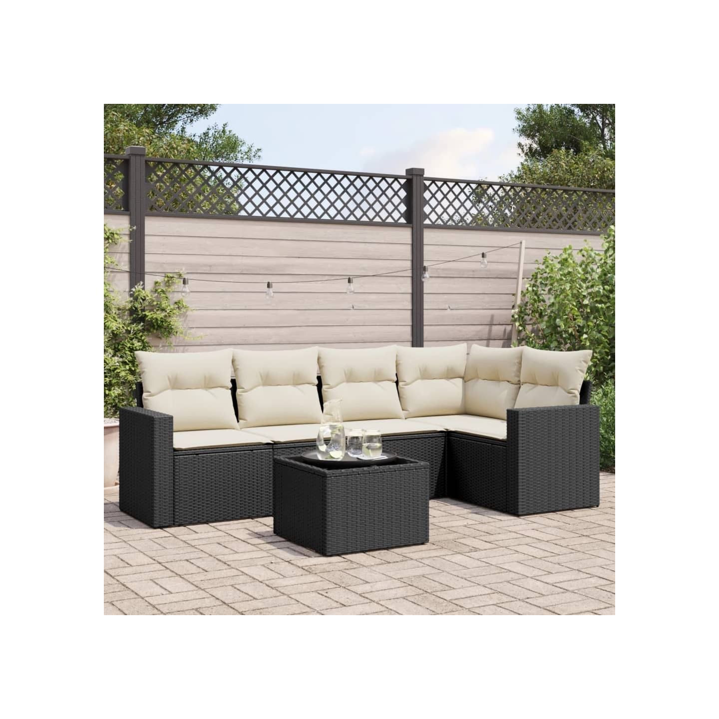Salon de jardin 6 pcs avec coussins noir résine tressée