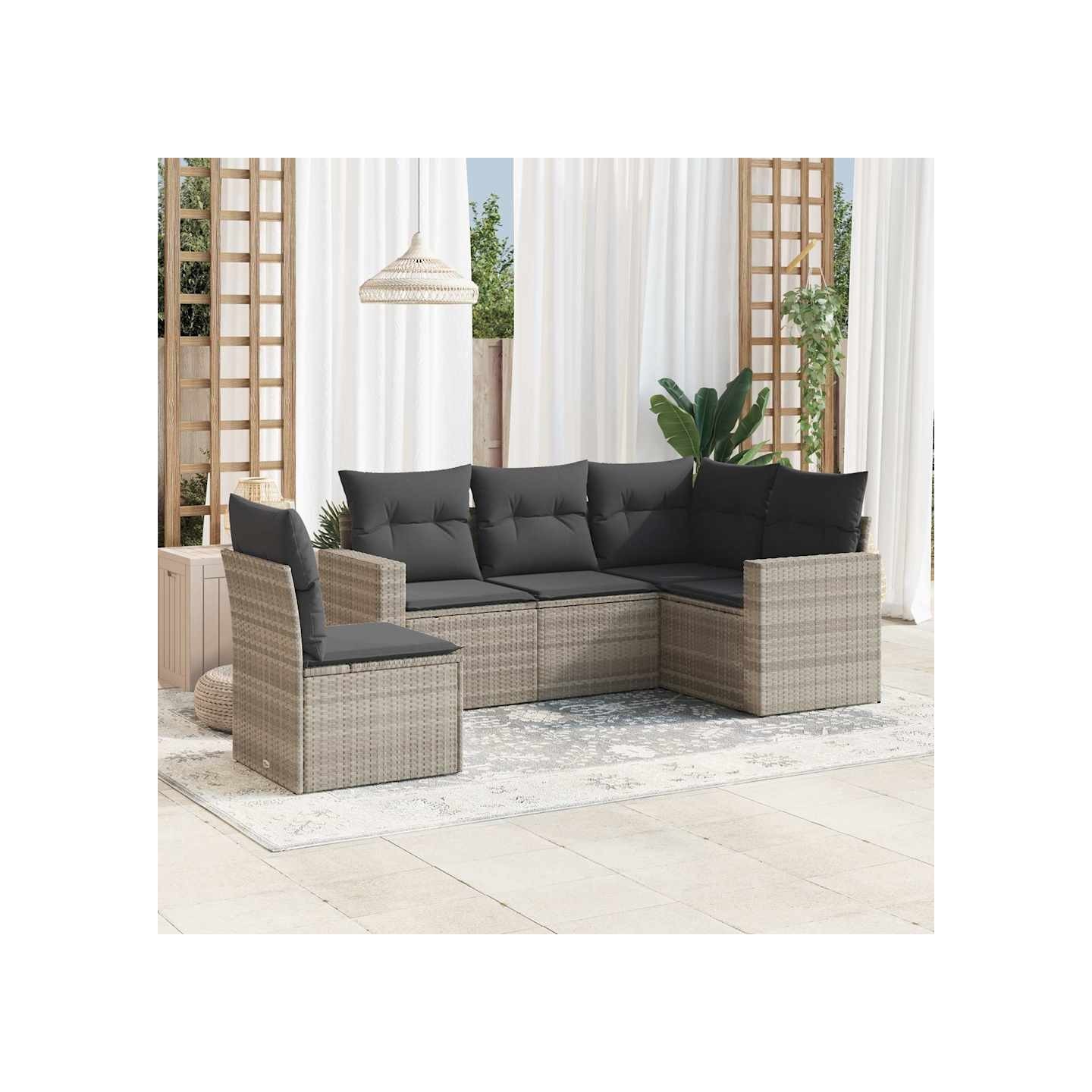 Salon de jardin 5 pcs avec coussins gris clair résine tressée