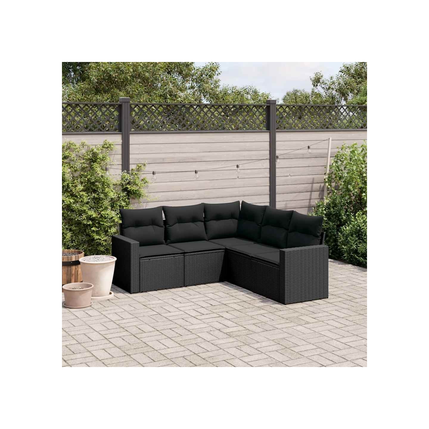 Salon de jardin 5 pcs avec coussins noir résine tressée