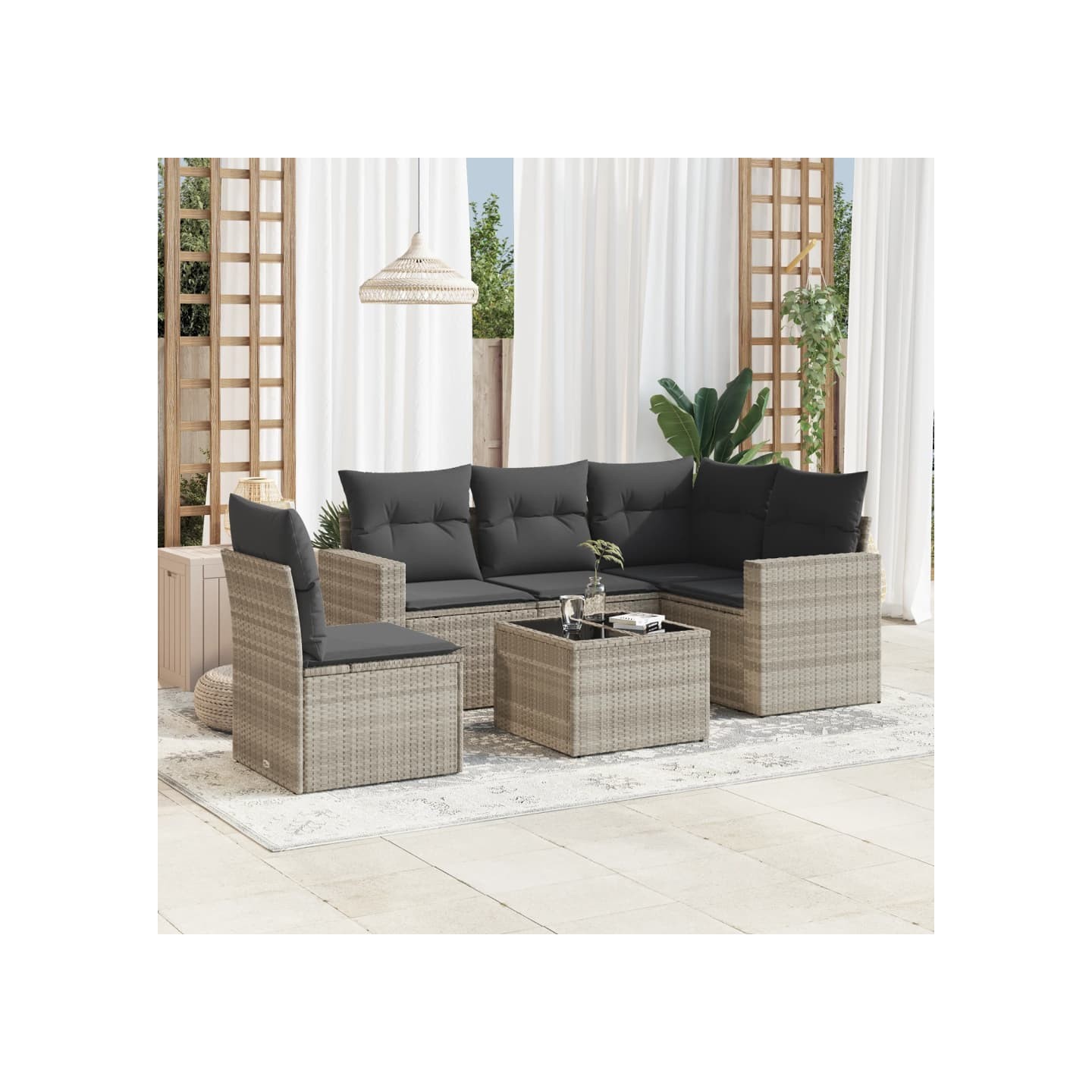 Salon de jardin 6 pcs avec coussins gris clair résine tressée
