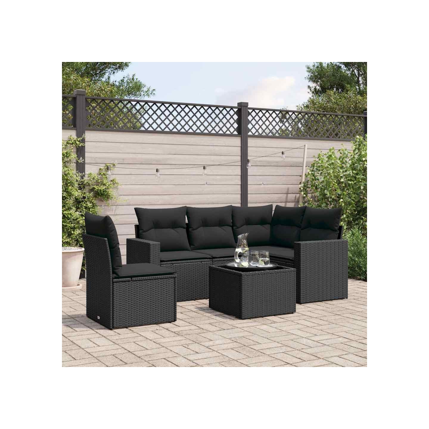 Salon de jardin 6 pcs avec coussins noir résine tressée