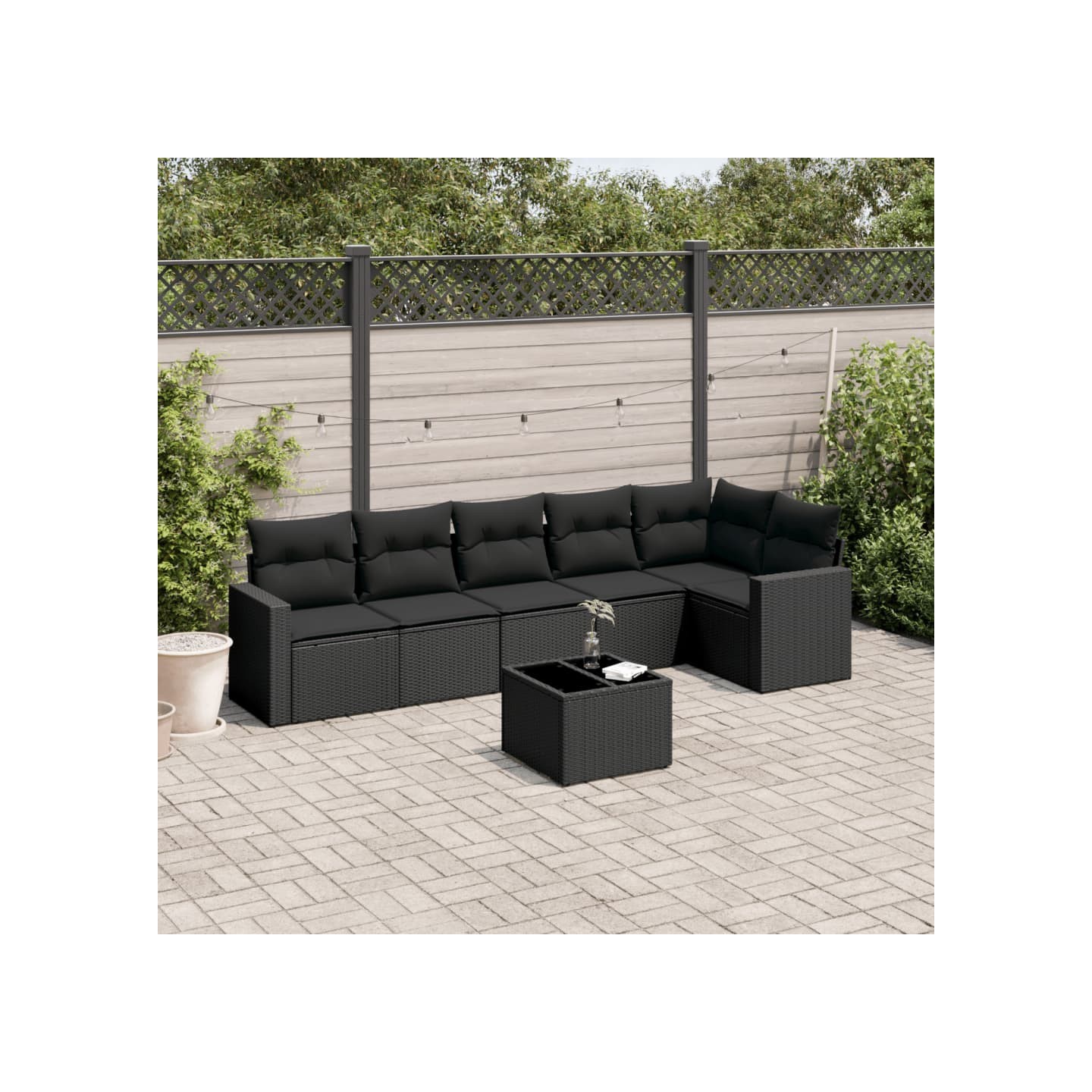 Salon de jardin 7 pcs avec coussins noir résine tressée