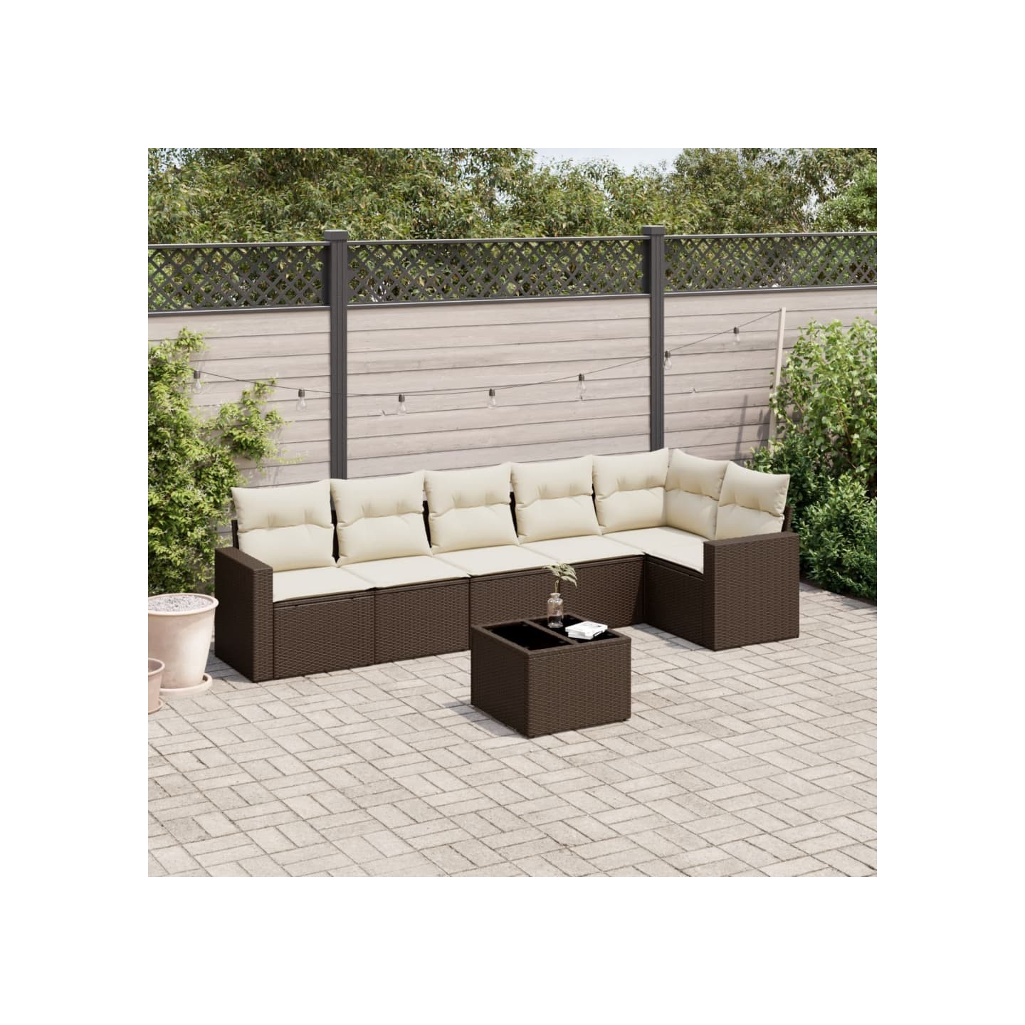 Salon de jardin avec coussins 7 pcs marron résine tressée