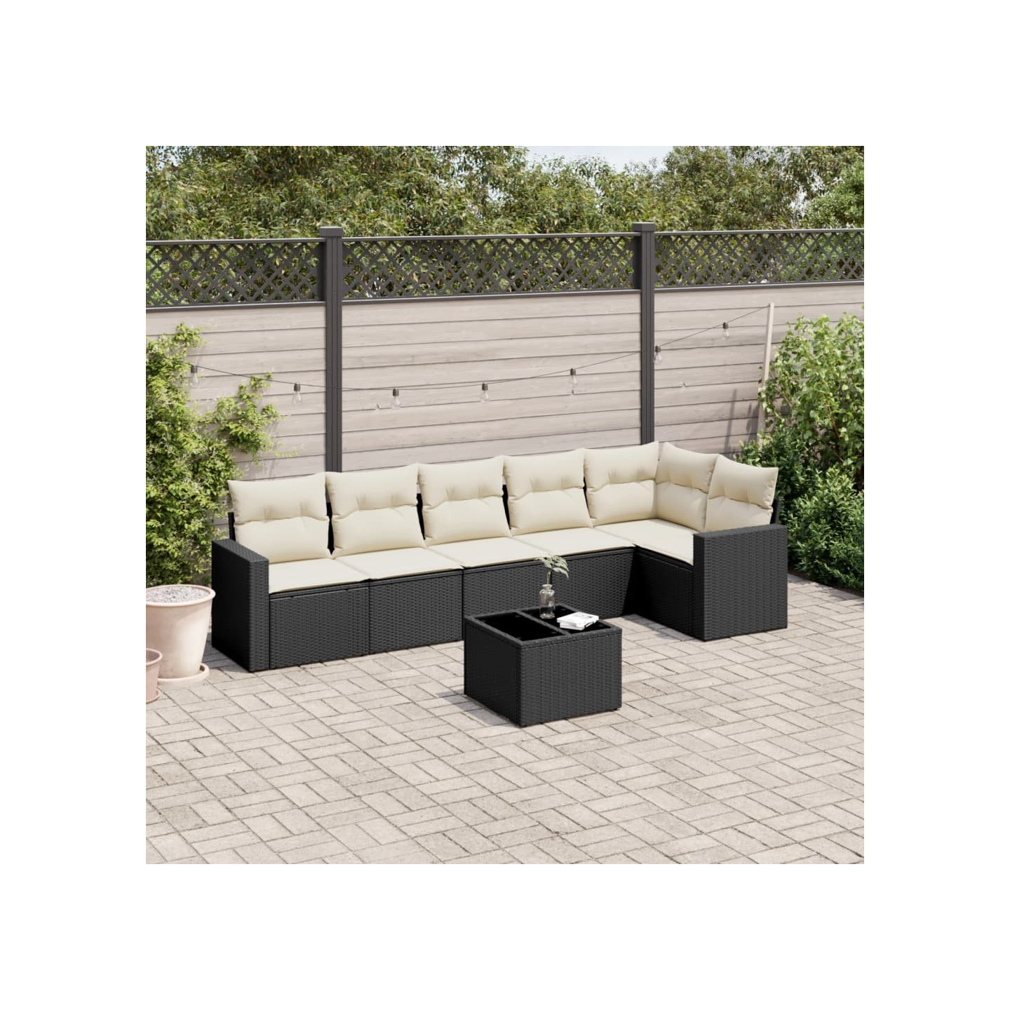 Salon de jardin 7 pcs avec coussins noir résine tressée