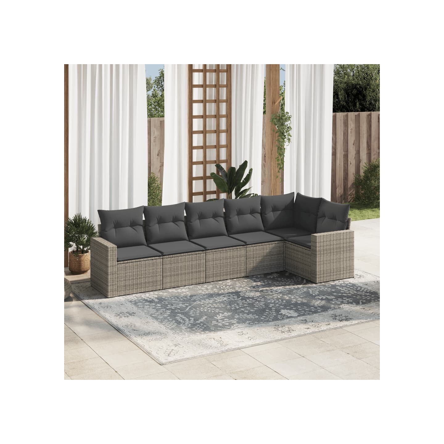 Salon de jardin 6 pcs avec coussins gris résine tressée