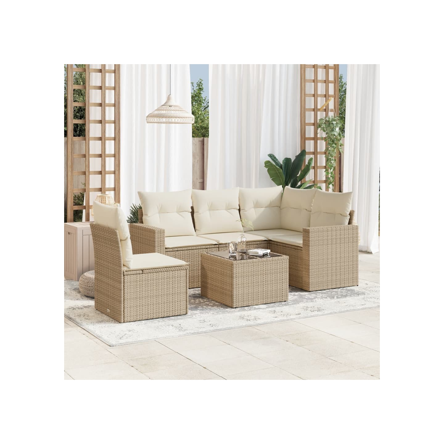 Salon de jardin avec coussins 6 pcs beige résine tressée