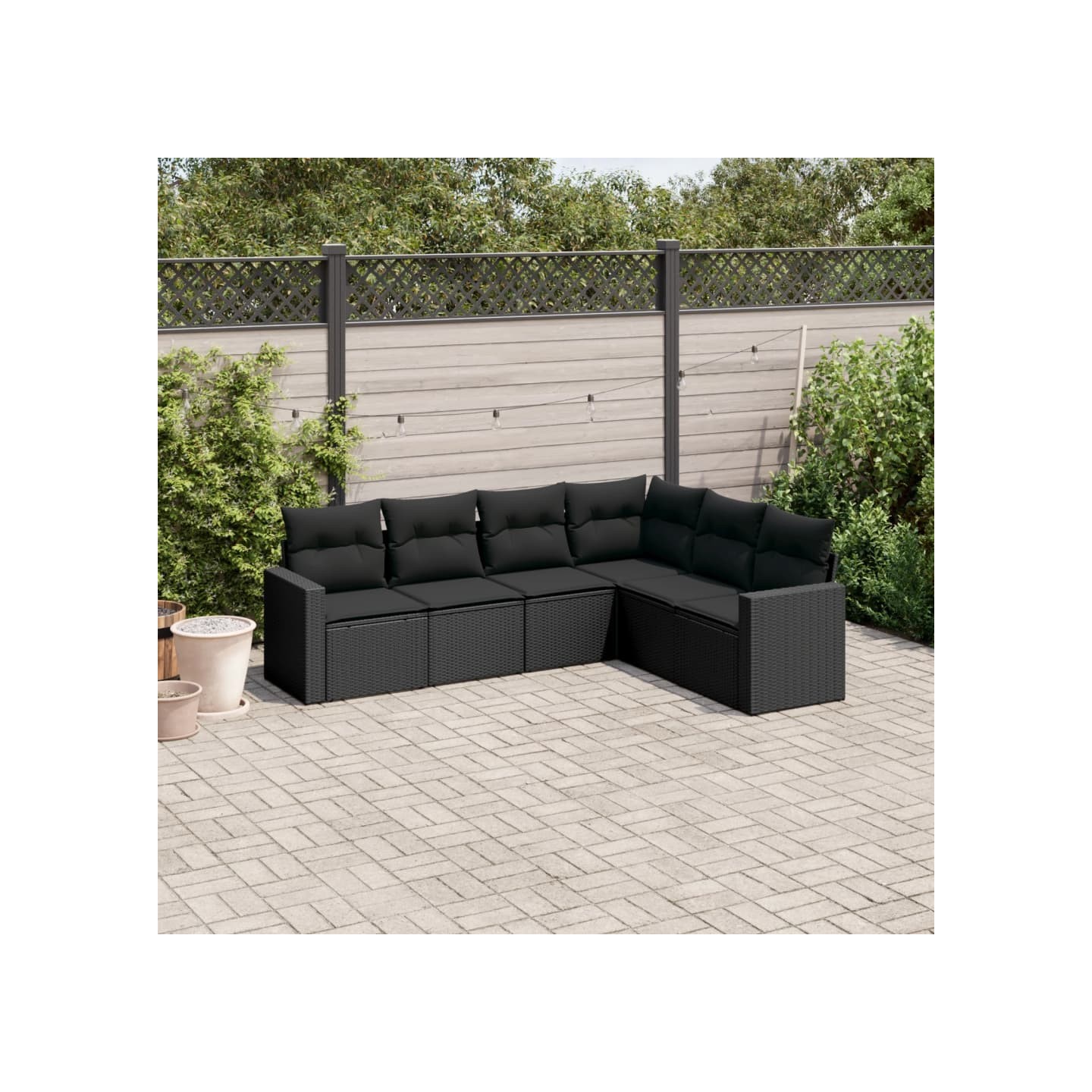 Salon de jardin 6 pcs avec coussins noir résine tressée