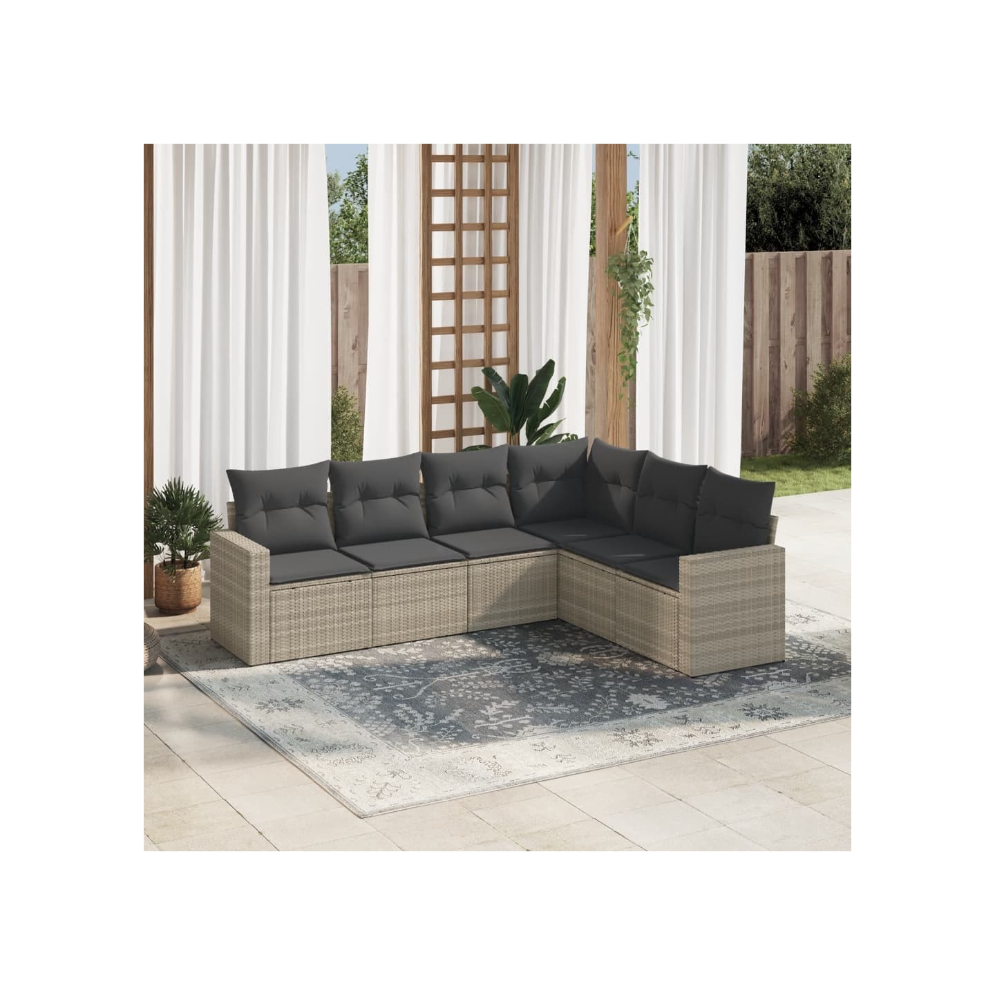 Salon de jardin 6 pcs avec coussins gris clair résine tressée