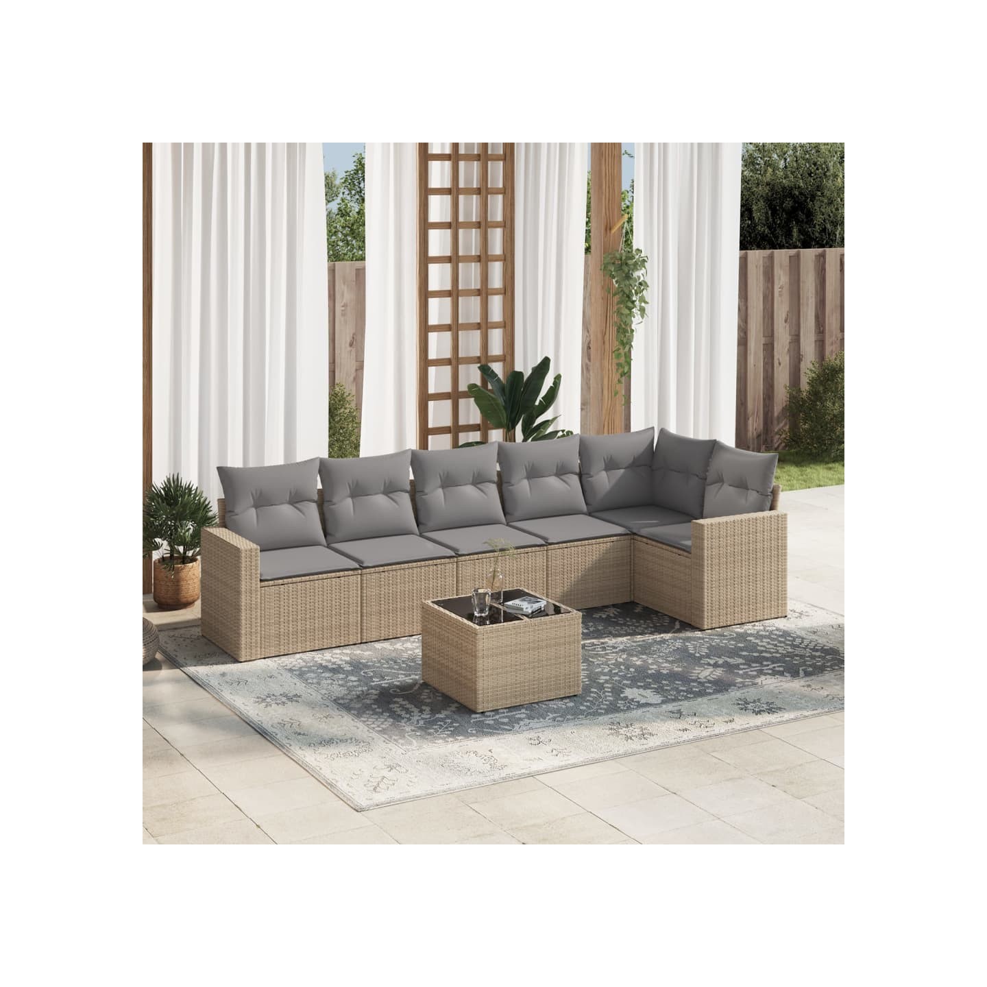 Salon de jardin avec coussins 7 pcs beige résine tressée