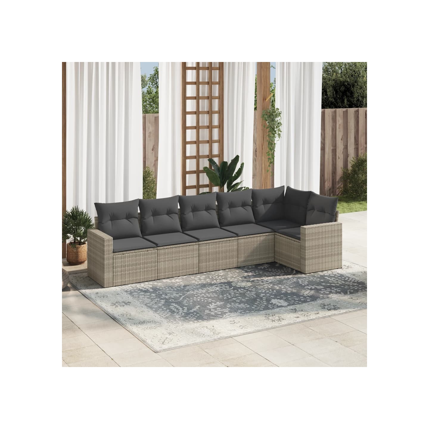 Salon de jardin 6 pcs avec coussins gris clair résine tressée