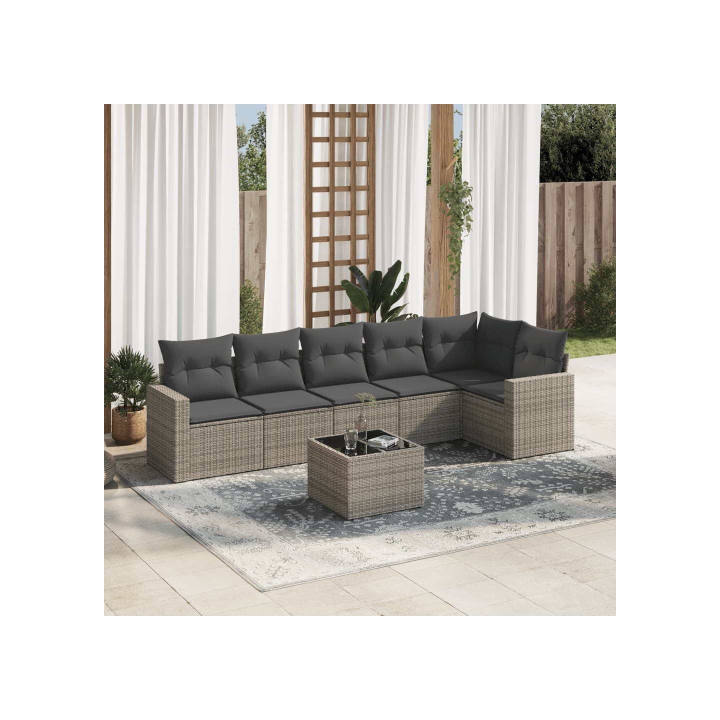 Salon de jardin avec coussins 7 pcs gris résine tressée