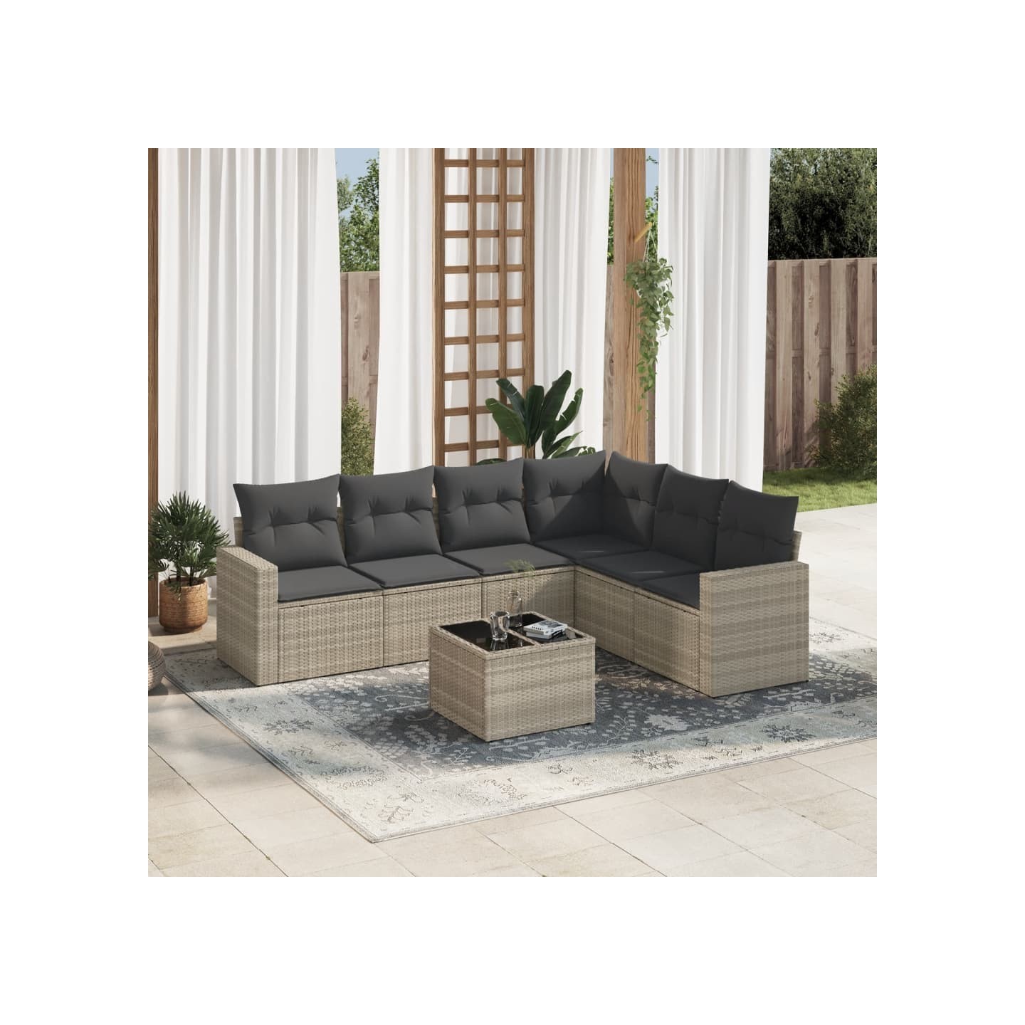 Salon de jardin avec coussins 7 pcs gris clair résine tressée