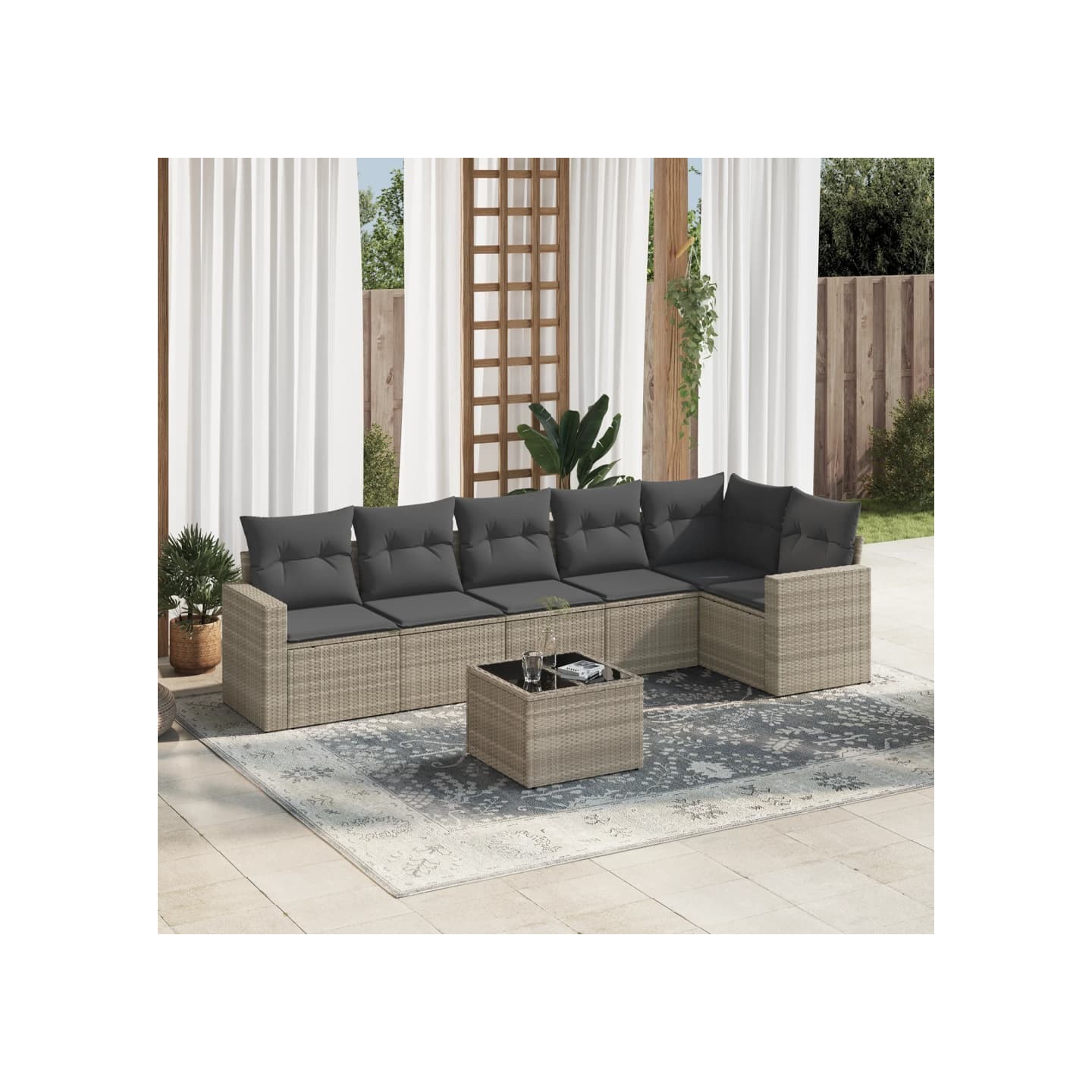 Salon de jardin avec coussins 7 pcs gris clair résine tressée