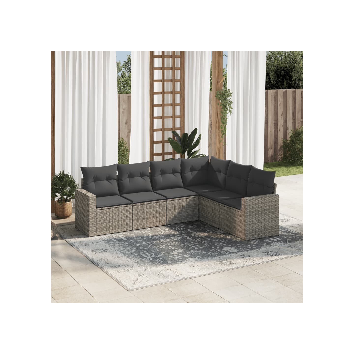 Salon de jardin 6 pcs avec coussins gris résine tressée