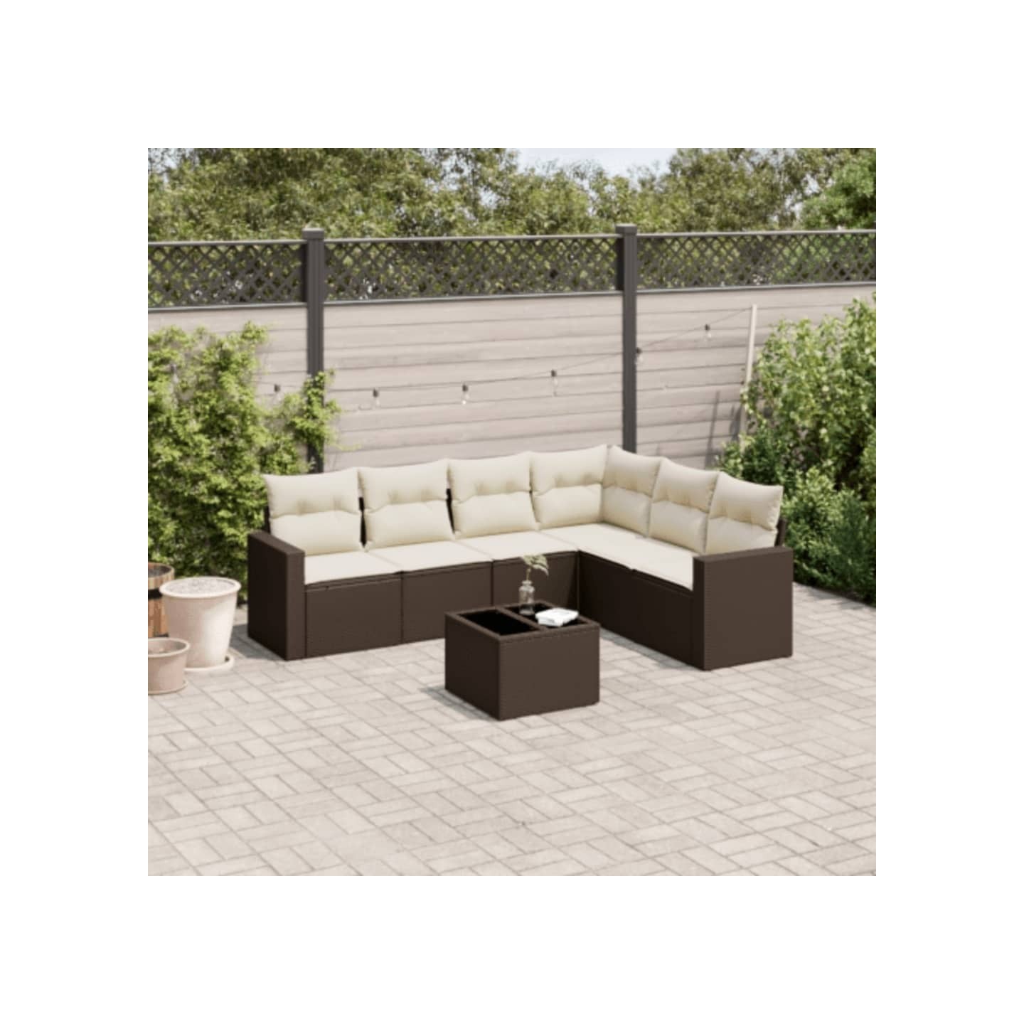 Salon de jardin avec coussins 7 pcs marron résine tressée