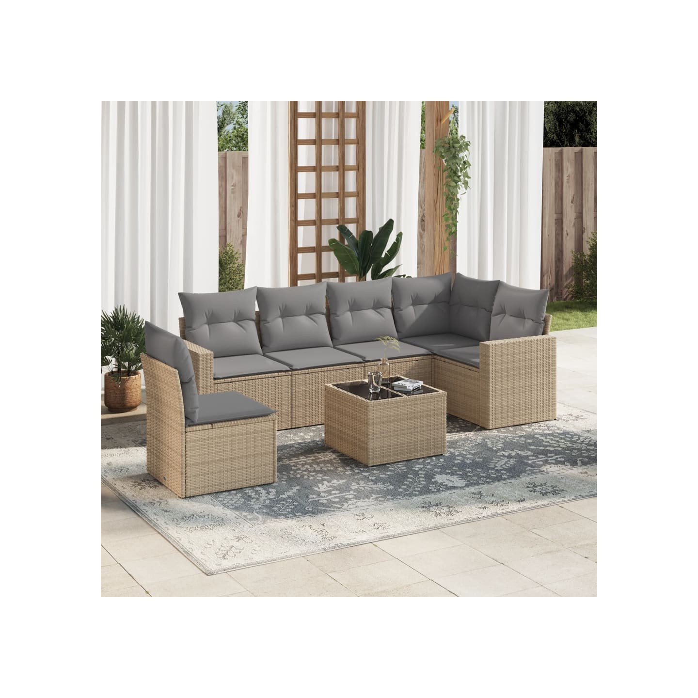 Salon de jardin avec coussins 7 pcs beige résine tressée