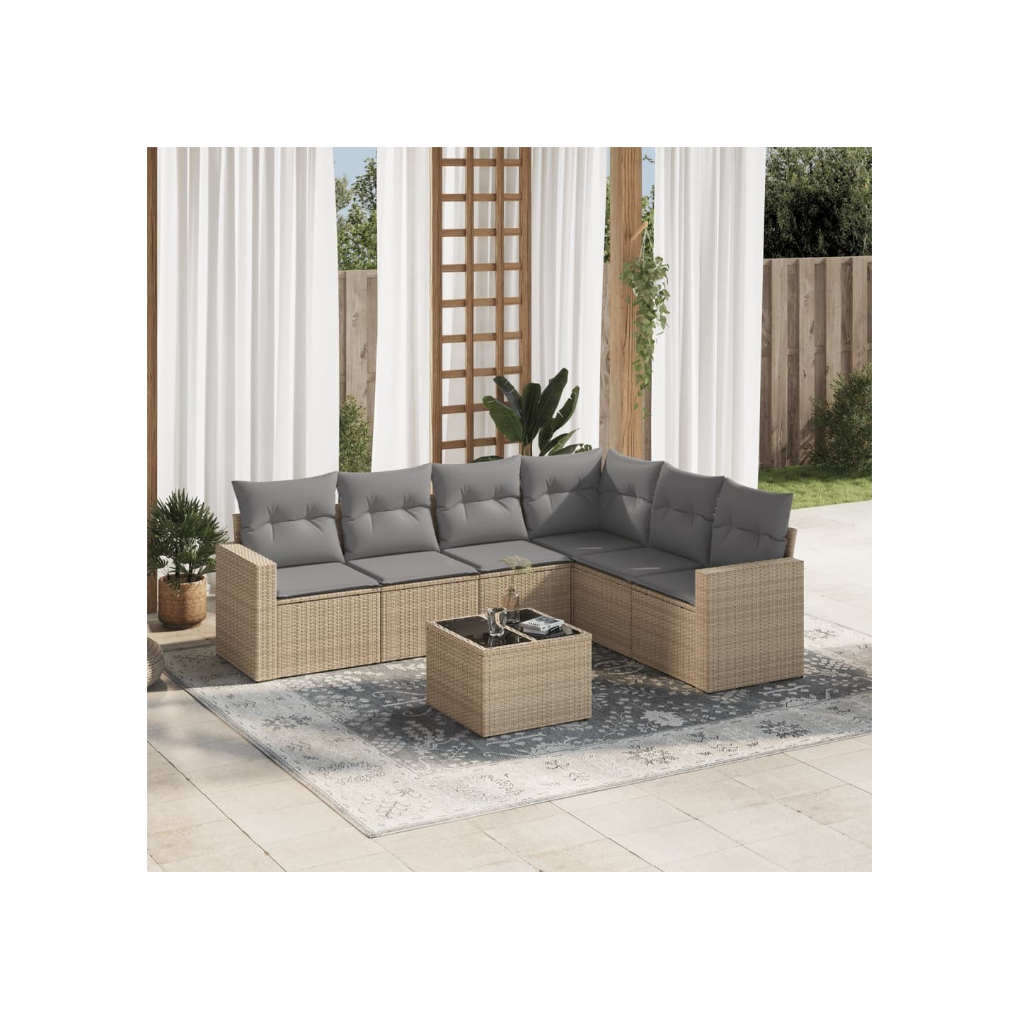 Salon de jardin avec coussins 7 pcs beige résine tressée