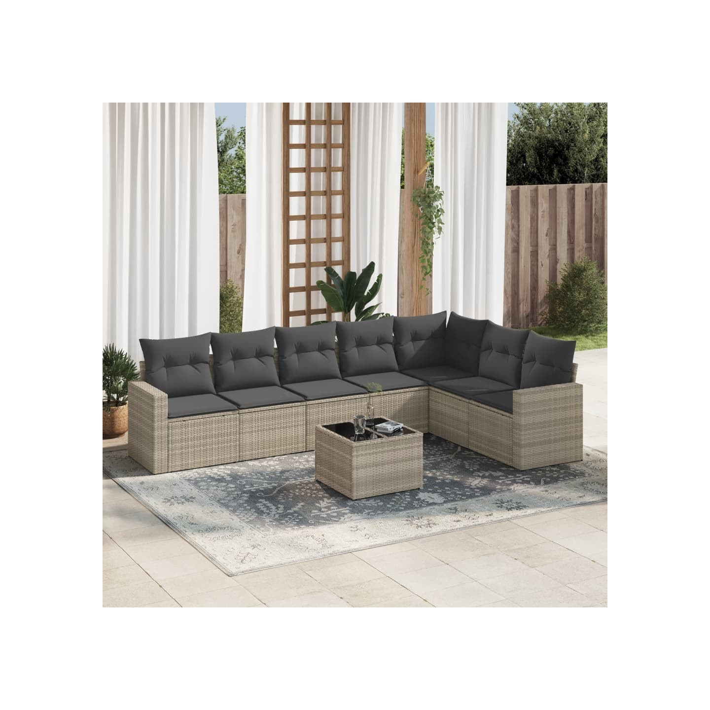 Salon de jardin 8 pcs avec coussins gris clair résine tressée