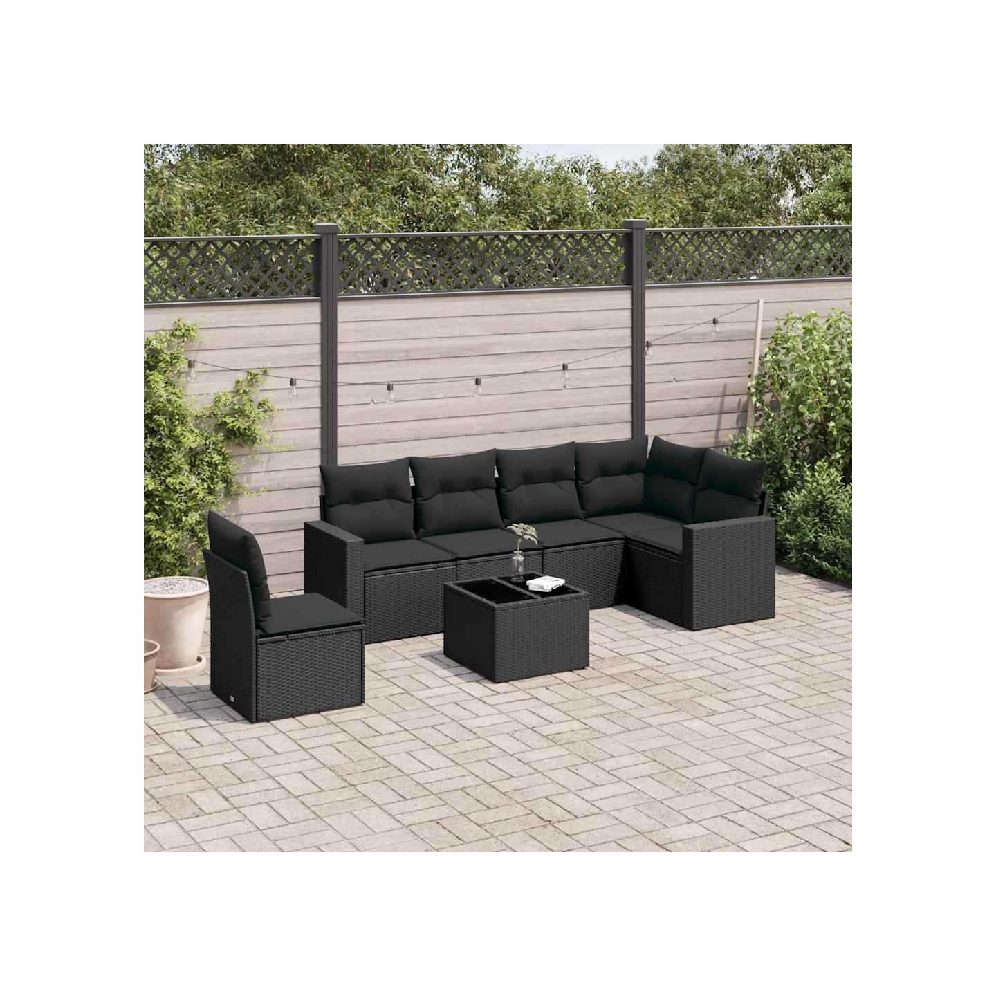 Salon de jardin 7 pcs avec coussins noir résine tressée