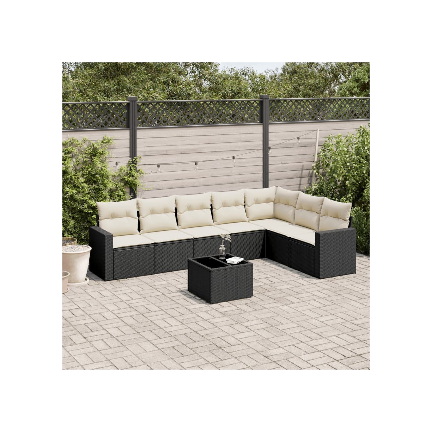 Salon de jardin 8 pcs avec coussins noir résine tressée