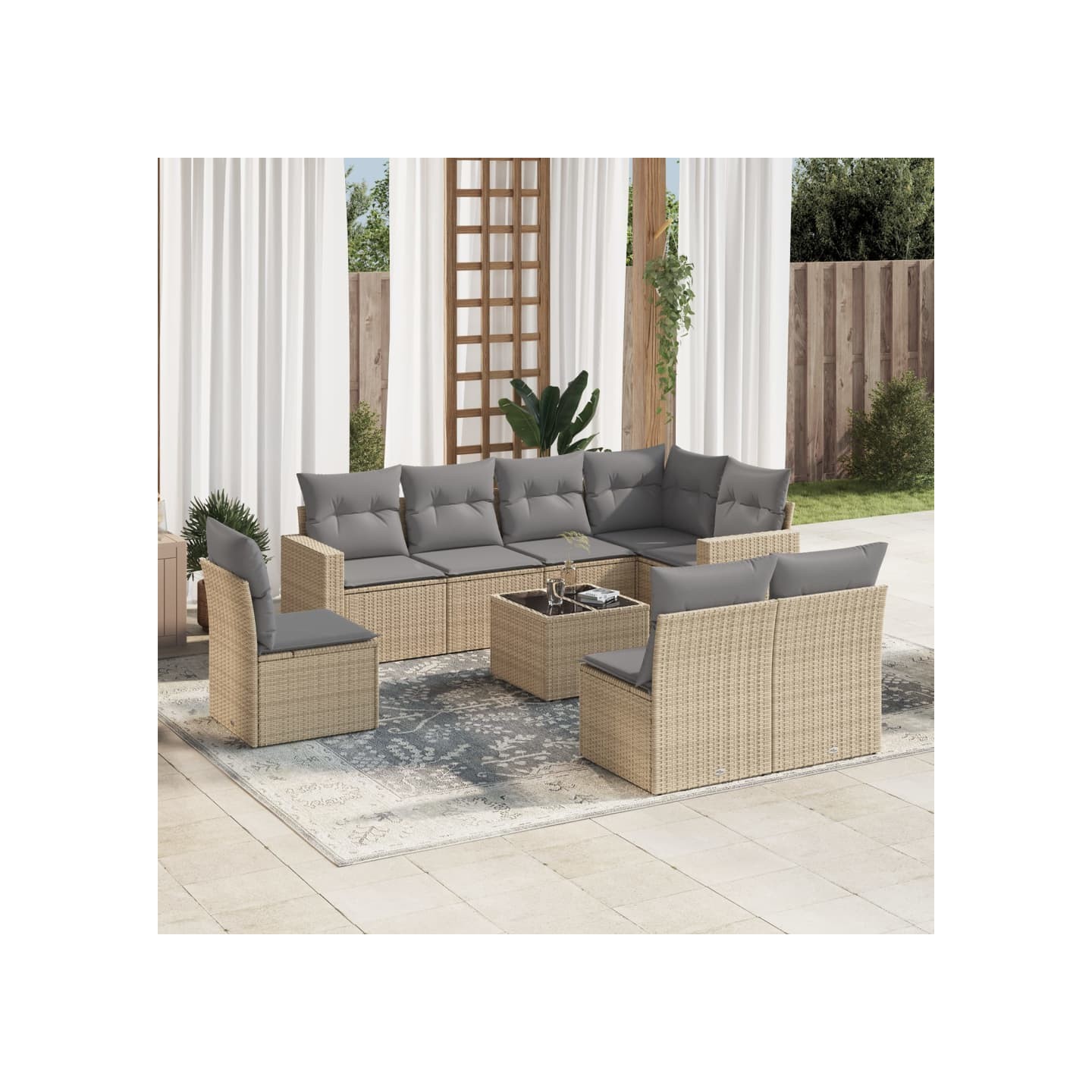 Salon de jardin avec coussins 9 pcs beige résine tressée