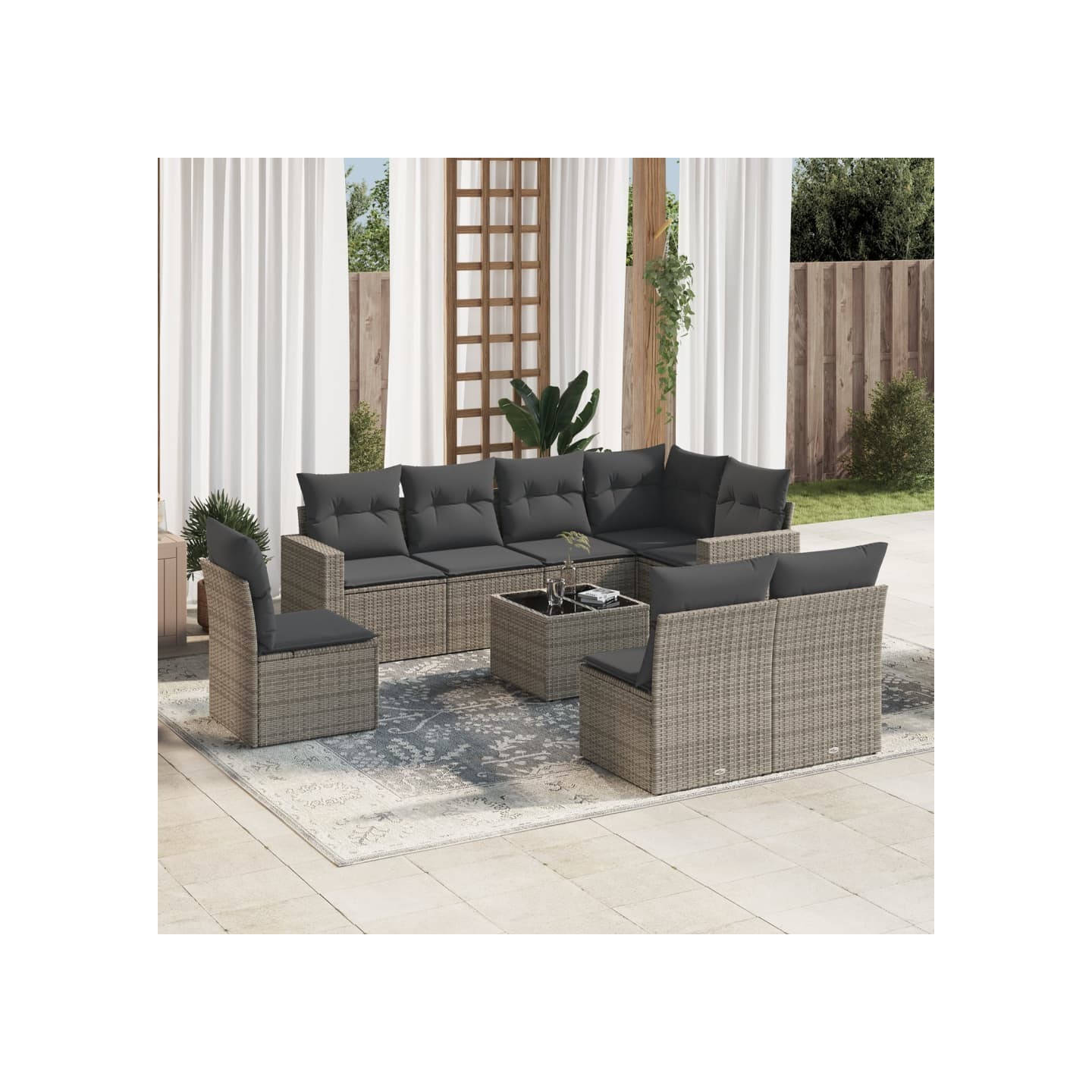 Salon de jardin 9 pcs avec coussins gris résine tressée