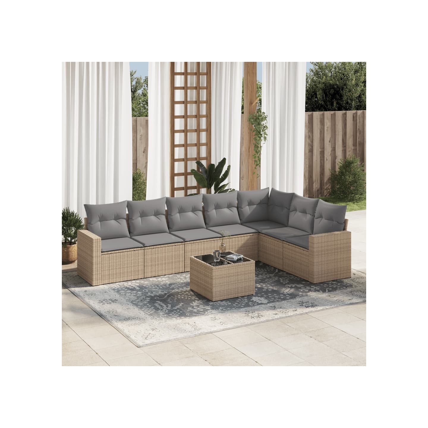 Salon de jardin avec coussins 8 pcs beige résine tressée