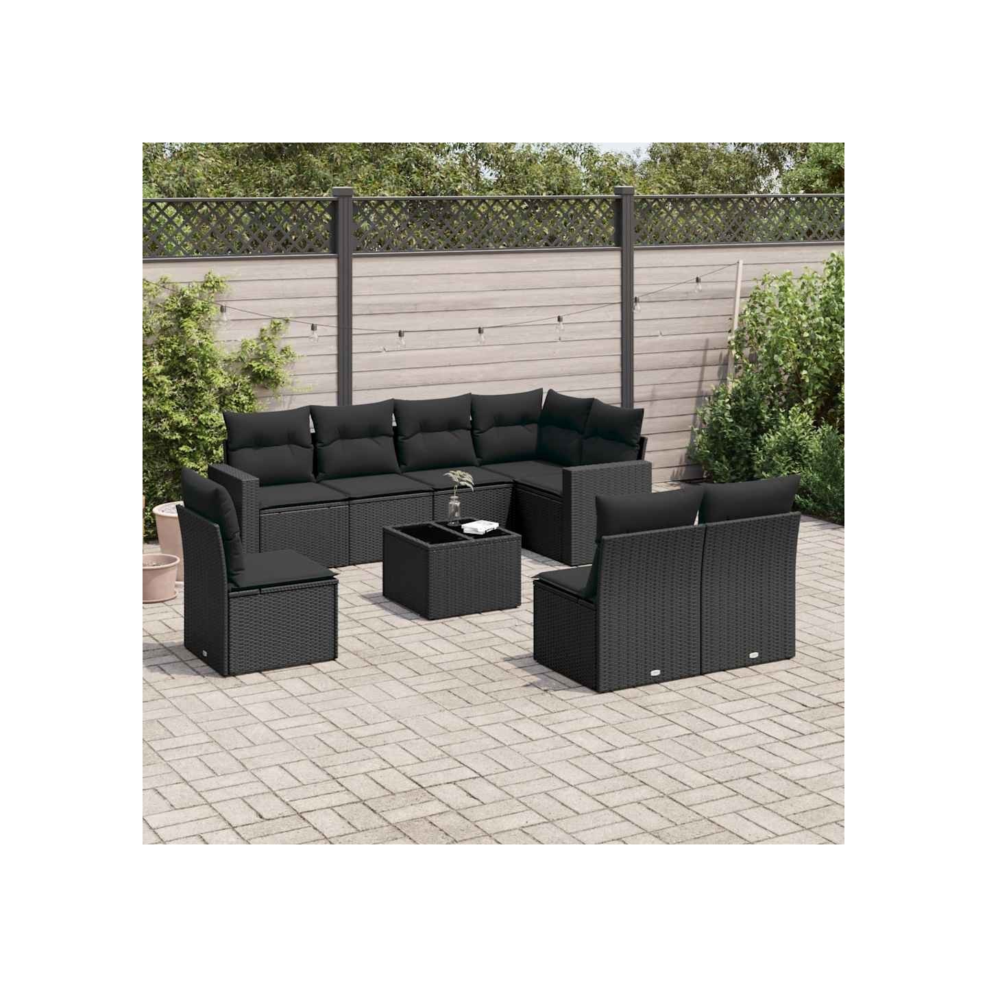 Salon de jardin 9 pcs avec coussins noir résine tressée