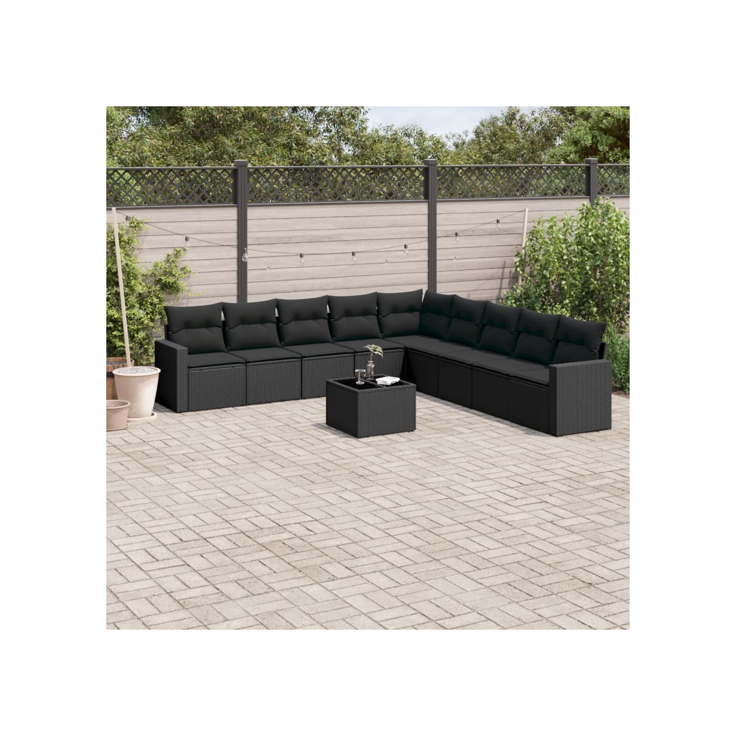 Salon de jardin 10 pcs avec coussins noir résine tressée